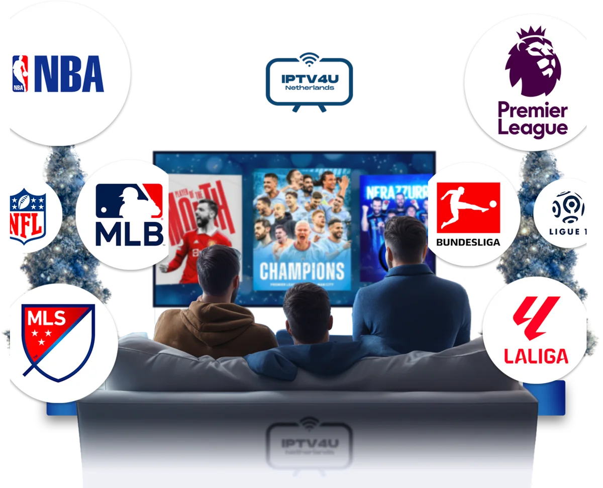 IPTV4UNL – family watching live sports on a Smart TV with NBA, Premier League, Bundesliga, NFL, MLB and LaLiga logos
